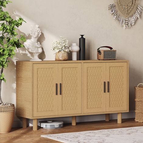 Sideboard 140x40x80 cm, Rattantüren, 4 Fächer, schwarze Metallgriffe, zylinderförmige Füße, Landhausstil - Natur