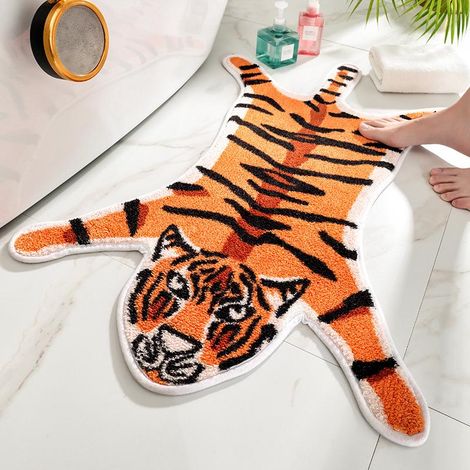 Rutschfeste, tigerförmige Fußmatte, saugfähig für Badezimmer, orangefarbene Schlafzimmer-Fußmatte, Hauseingangsmatte, rutschfeste Dekomatte. (1/5)