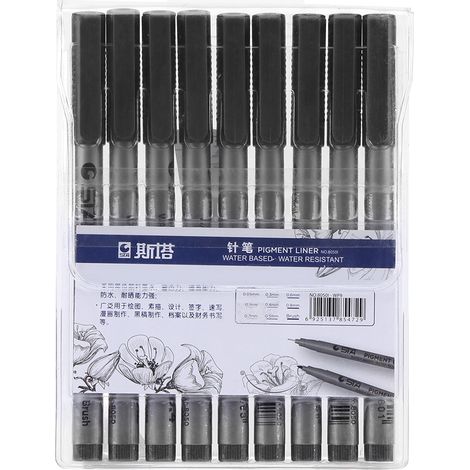 Lot de 9 stylos pinceaux à encre noire STA, pointes de tailles variées pour dessin, écriture et croquis (1/5)
