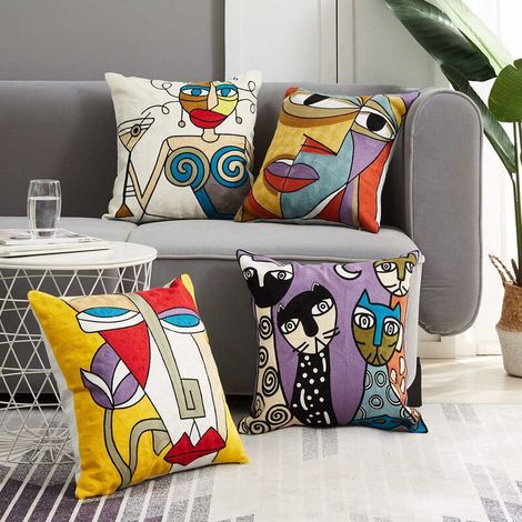 Lot de 4 Housse de Coussin Picasso 45x45 cm Coton Lin Brodé Housses Coussins Canapé Décoration Salon Scandinave Chambre Lit Fauteuil de Bureau Design Motif Visage Abstrait Vintage Colorée MNS (1/4)