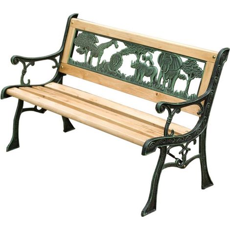 Banc d'extérieur enfant ANIMA 82 cm bois et fonte verte jardin (1/4)
