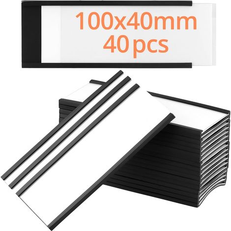 40pcs Porte-Étiquettes Magnétiques 40 x 100 mm avec Insert en Papier et Film de Protection, pour Étiquetagepour Étagère Métallique, Casier, Tableau blanc (1/4)