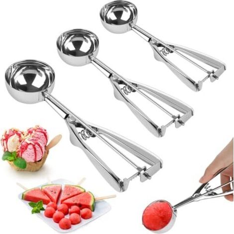 3-Piece Ice Cream Scoop Set, Reusable Ice Cream Scoop, Stainless Steel Ice Cream Ball Scoop 4cm/5cm/6cm for Ice Cream, Cake, Melon, Cookies (1/5)
