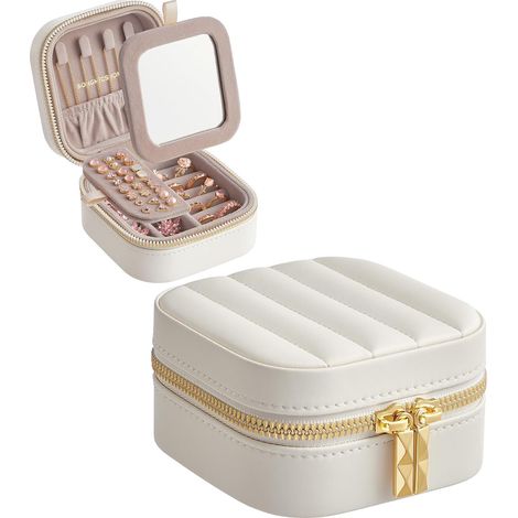 Boîte à Bijoux de Voyage, Petit Coffre à Accessoire avec Miroir, 10,5 x 10,5 x 6 cm, Surface PU avec Coutures, Portable, Zip, Idée Cadeau, Blanc Nuage (1/5)