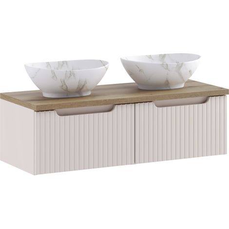 Meuble salle de bain double vasque suspendu NOVA cachemire 100 cm avec plan vasque effet chêne Casella et 2 tiroirs (1/5)