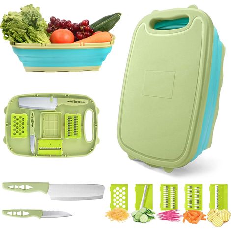 9 en 1 planche a decouper camping, Planche à Découper Pliable en Plastique avec 5 Pièces Coupe-légumes et 2 Couteaux, Panier de Drainage Pliable pour camping accessoires ,cadeau camping (1/5)