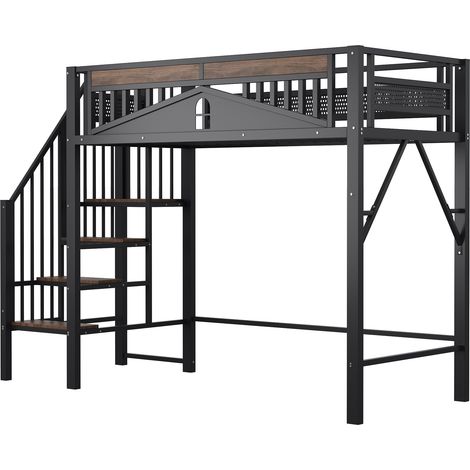 Cama alta de metal 90 x 200 cm negra con escalera de seguridad y barandilla ventana (1/5)