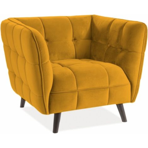 Fauteuil design carré velours jaune curry capitonné Compi (1/2)