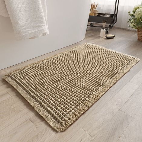 Tapis de bain gaufré, super absorbant, antidérapant, lavable en machine avec glands, ultra doux, envers en caoutchouc, 46 x 77 cm, marron