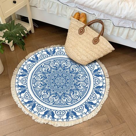 Tapis rond en coton tissé bleu 120cm Tapis de style mandala à franges Tapis lavable d'intérieur pour salon chambre salle de jeux