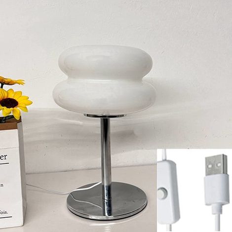 Nachttischlampe aus Glas mit warmem Licht, Hamburger-Tischlampe, kleine LED-Lampe, Schreibtischlampe, für Schlafzimmer, Wohnzimmer (weiß)