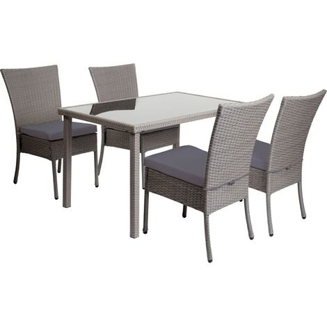 [NEUWERTIG] Poly-Rattan Garnitur HHG-951, Sitzgruppe Balkon-/Lounge-Set, 4xStuhl+Tisch, 120x75cm grau, Kissen dunkelgrau (1/5)