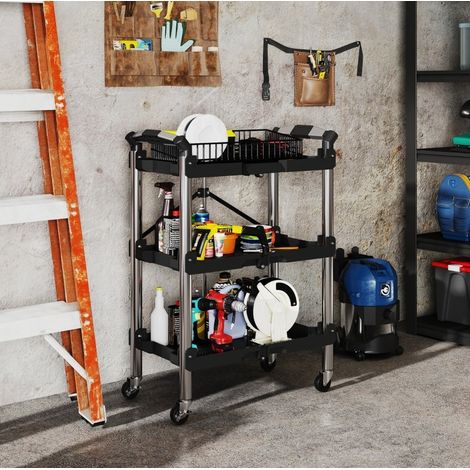 Chariot d'atelier pliable à 3 niveaux, 4 roulettes 360° avec freins, charge 68 kg, poignée latérale, noir pour garage et atelier  CHICFURN (1/5)
