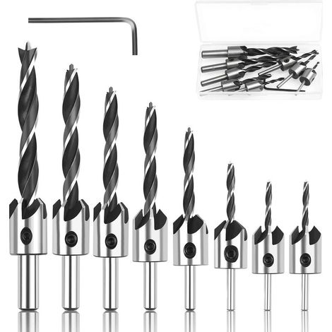 Foret Bois avec Fraise, 8 Pcs Fraise Bois Conique en HSS Acier Forets à bois à Haute Vitesse Avec Clé Hexagonale Aésoir Chanfreinage Outil 3 4 5 6 7 8 10mm (1/5)