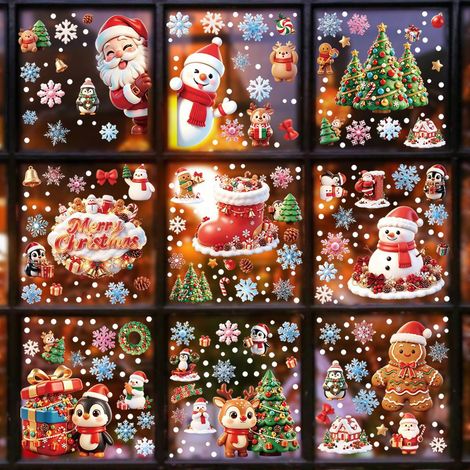 Autocollants électrostatiques représentant le Père Noël, un bonhomme de neige et un bonhomme en pain d'épice, pour une ambiance festive, la décoration de chambres et de vitrines - [Neuf combinaisons] 