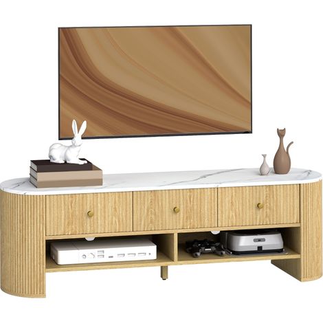 Meuble TV effet marbre 140 cm pour télévision 65 pouces avec 3 tiroirs et façades en bois naturel cannelé (1/5)
