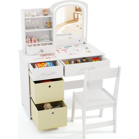 COSTWAY Set Toeletta Trucco per Bambina con Sedia, Specchiera Trucco con Specchio Acrilico e Luci LED a 2 Colori, Postazione Trucco 3 con Cassetti 2 Box in Tessutto, per Bambine di 3+ Anni (1/5)