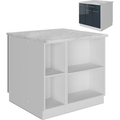 Îlot de cuisine Fame-Line, bleu foncé brillant/blanc, 90 cm avec tiroir, sans plan de travail, Vicco