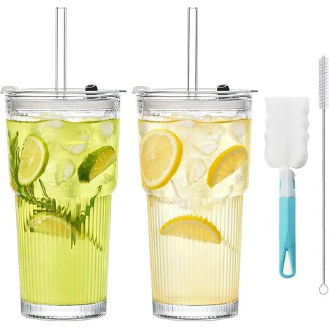 2x Geriffelte Glasbecher 600ml mit Deckel & Strohhalm, Smoothie Becher inkl. Reinigungsbürste