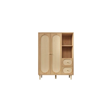 Armoire 120x44x161cm  Étagères ouvertes et tringles à vêtements  2 portes et 2 tiroirs en rotin couleur chêne