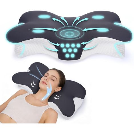 Oreiller Ergonomique Cervical, 60x33x10/17cm Oreiller Orthopédique, Oreiller Memoire Forme pour la Nuque, pour Dormir sur Le côté, Le Dos et Le Ventre (Blanc Grisâtre) (1/5)