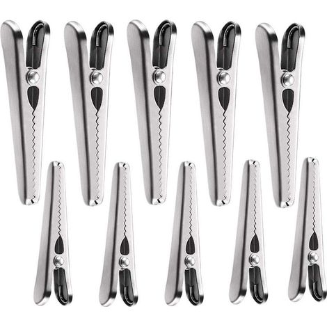 10 pinces crocodiles en acier inoxydable pour la fermeture des aliments (5 grandes + 5 petites) (1/5)