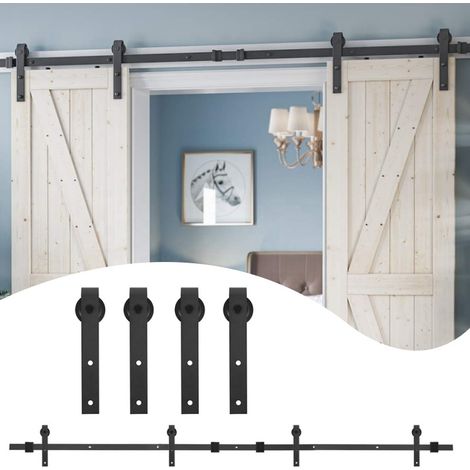 Eosnow 16FT 488cm Rail de porte coulissante,Quincailleri Kit de Rail pour Porte Coulissante,poulie de voie de Rail suspendue de porte de grange d'épissure de Double porte,Noir (1/5)