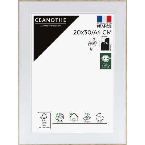Cadre Photo Blanc et Bois brut 20x30 cm et 30x20 cm - Convient au A4 - Cadre Blanc et Bois brut – Cadre Photo Newton Bois brut 20x30 cm - Fabriqué en France - Verre acrylique Incassable (1/5)