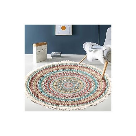 Tapis Bohème Vintage en Coton Lavable, Motif Mandala Tissé Main, Rond avec Franges, Idéal Chambre Couloir Salon Table Basse, Résistant Machine, 60cm Fleurs 12