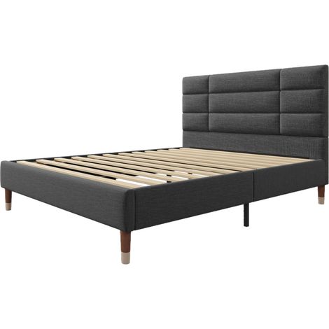 Letto matrimoniale imbottito 140 x 200 cm con rete a doghe e testiera in lino grigio HOMVRA (1/5)