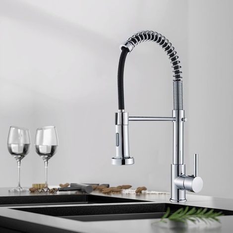 Robinet Cuisine Nickel brossé Mitigeur Cuisine Avec Douchette 360° Robinet d'Évier à Arc Élevé pulvérisateur escamotable 2 Modes de Pulvérisation,Chaud et Froid-Chromé (1/5)