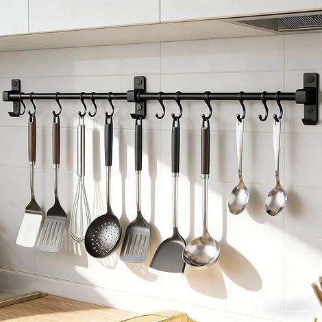 Barre de suspension pour ustensiles de cuisine de 80 cm, support mural en aluminium avec 12 crochets mobiles et multifonctionnels, pour cuillères, planches à découper, ciseaux, etc. (1/5)