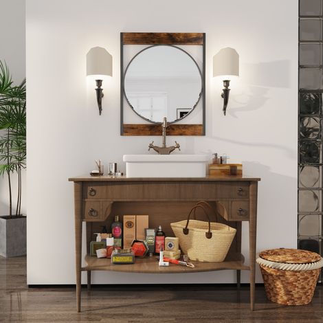 Miroir de Salle de Bain Rond avec Cadre Rectrangulaire Bois Rétro Miroir Mural Unique de Courtoisie pour Salon Chambre Entrée (1/5)