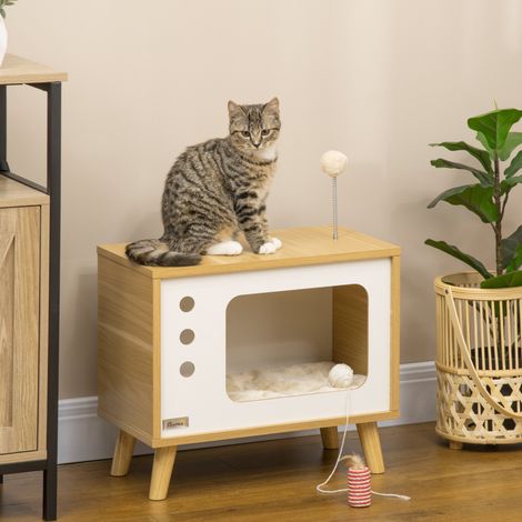 Maison pour chat design TV avec coussin lavable, balle de jeu et structure stable, meuble d’appoint 50 x 28 x 43 cm en panneau de particules beige - CHICFURN (1/5)