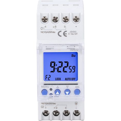 Minuterie programmable, minuterie Digitale à 2 canaux 16A 12VDC, Montage sur Rail DIN, minuterie 24 Heures 7 Jours pour appareils ménagers, 8 réglages Marche-arrêt (1/5)
