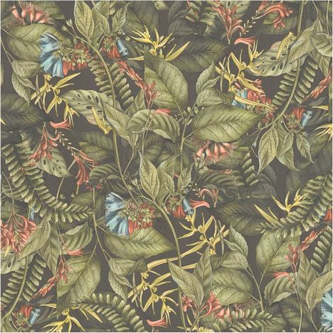 Flowers wallcovering wall Profhome 394251 hot embossed non-woven wallpaper slightly textured with jungle elements matt green dark green red yellow 5.33 m2 (1/5)
