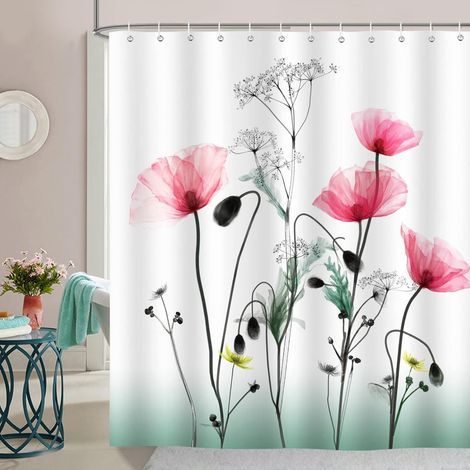 Rideau de douche à motifs de coquelicots rouges 180 x 200 cm, rideau de salle de bain en polyester