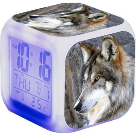 Réveil LED Wolf - Pour enfant - Réveil de chevet - Carré - Écran LCD éclairé - Motif loup (1) (1/5)