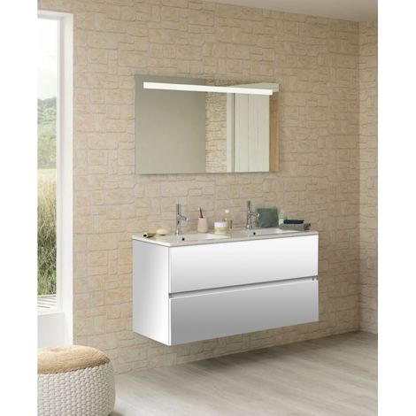 Sanijura – Meuble double vasque 120cm en céramique blanc brillant – 2 tiroirs avec amortisseurs – Ouverture prise de mains – Meuble livré monté