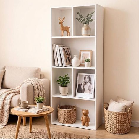 Bücherregal mit 6 Fächern freistehend Weiß MDF OKMYHOME (1/5)