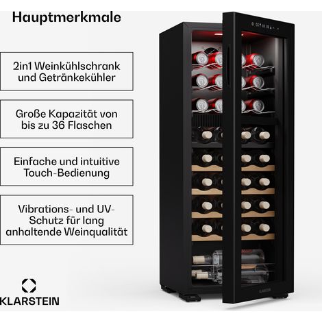 Klarstein Bovella 36 Duo+ Weinkühlschrank  36 Flaschen, 2 Zonen, 518°C, Touch-Bedienung, LED-Beleuchtung, UV-Schutz, freistehend, Weinklimaschrank