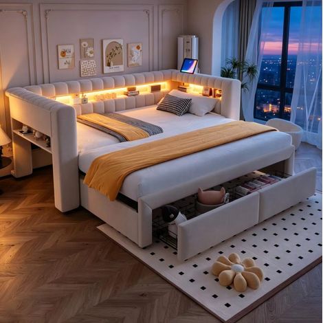 Schlafsofa 90x190 cm Beige aus Samt mit Ausziehfunktion, Stauraum, LED-Beleuchtung und Ladeanschluss (1/5)