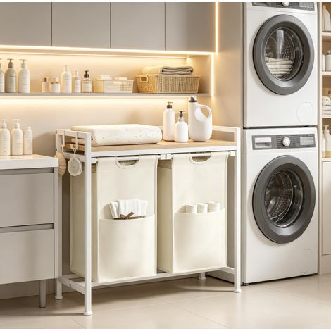 Meuble trieur à linge à 2 compartiments de 40 L, paniers amovibles, étagère avec crochets, bois clair, métal et tissu, pour salle de bains ou chambre – CHICFURN (1/5)