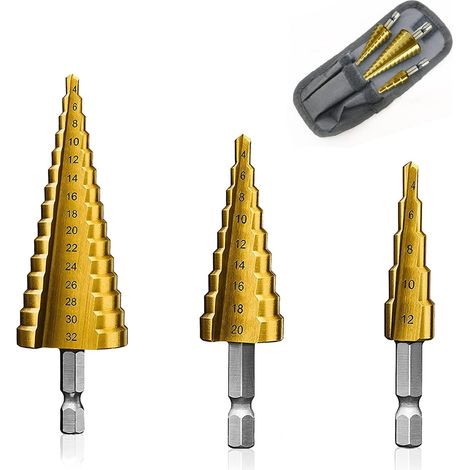 Foret à tarauder en acier rapide - Jeu de forets à gradins HSS 4–12 mm 4–20 mm 4–32 mm - Pour acier bois plastique - Avec queue hexagonale