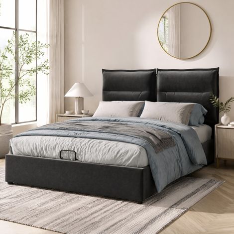CHICFURN Cama canapé 140x200 cm negra de terciopelo, cabecero ajustable y gran almacenaje (1/5)
