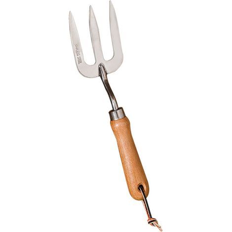 Fourche de jardin à main en acier inoxydable avec manche en bois, outil manuel (1/4)