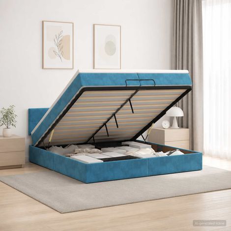 vidaXL Lit coffre avec matelas et LED Bleu foncé 200 x 200 cm Velours (1/5)