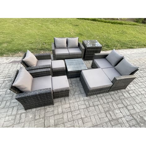 Fimous Outdoor Garden Furniture Sets 9 Pieces Wicker Rattan Furniture Manual Wicker Patio Sofa Patio Conversation Set with 3 Footstools Side Table Dark Grey Mixed (1/5)