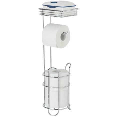 Serviteur WC 3en1 Rack WENKO, Dérouleur papier toilette sur pied avec étagère de rangement et range papier toilette, Métal, 15x18x59cm, argent chromé (1/5)