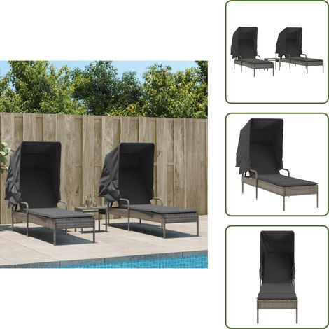 Sonnenliegen 2 Stk. mit Dach und Tisch Grau Poly Rattan - Sonnenliegen - Gartenmöbel - Outdoormöbel - Liegefläche - Pool Accessoire (1/5)
